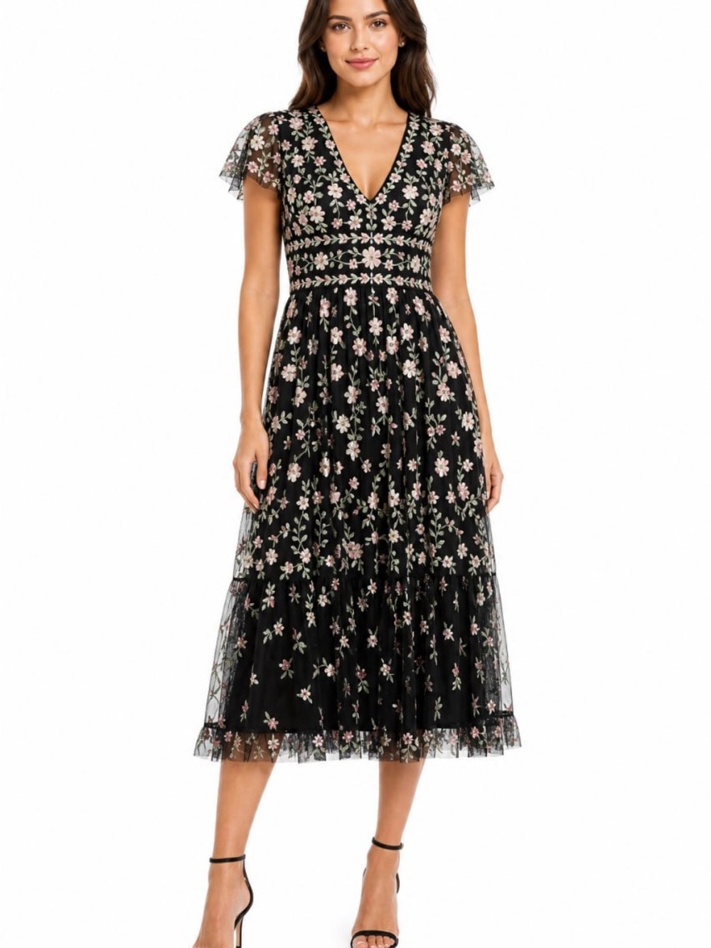 Mac Duggal Black Midi Dress with Pink and Cream Floral Embroidery size 10